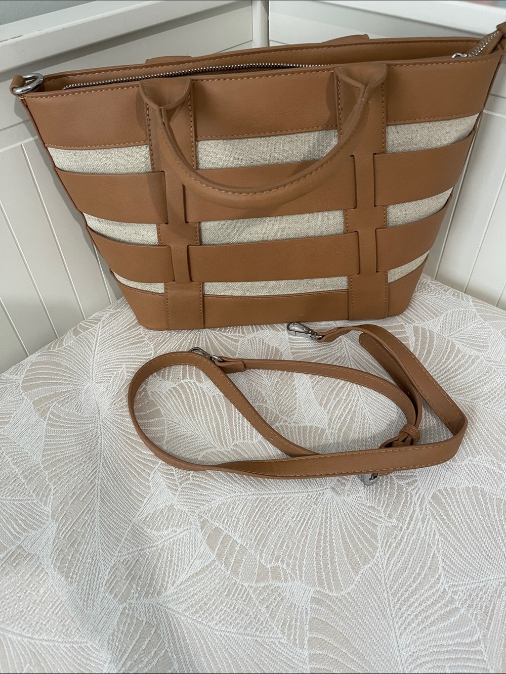 Miztique Tan and Cream Woven Panel Shoulder Bag
